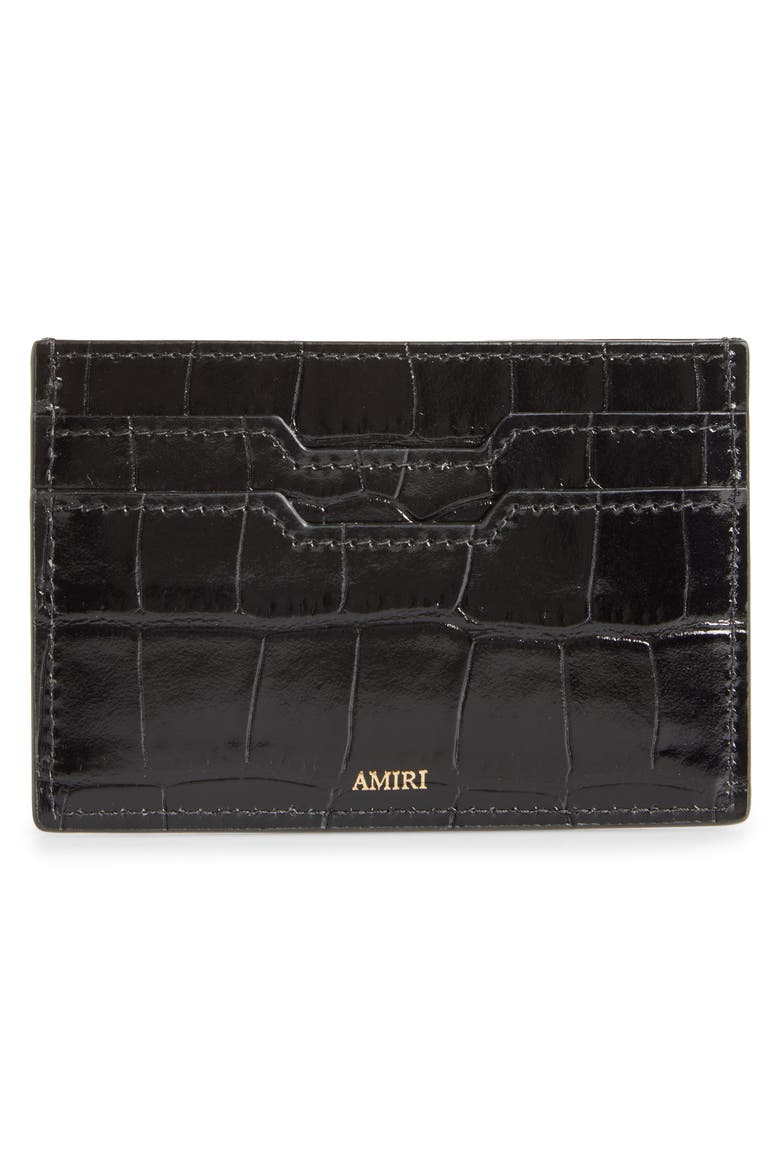 Croc Embossed Leather Card Holder, Alternate, color, BLACK