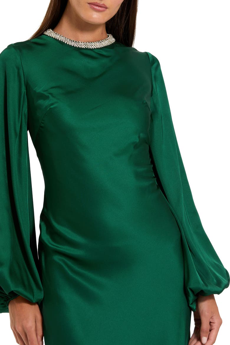 Beaded High Neck Bishop Sleeve Satin Gown, Alternate, color, Emerald