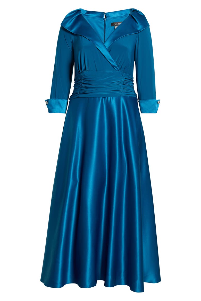 Rhinestone Button Cuff Sleeve Mixed Media Gown, Alternate, color, PEACOCK