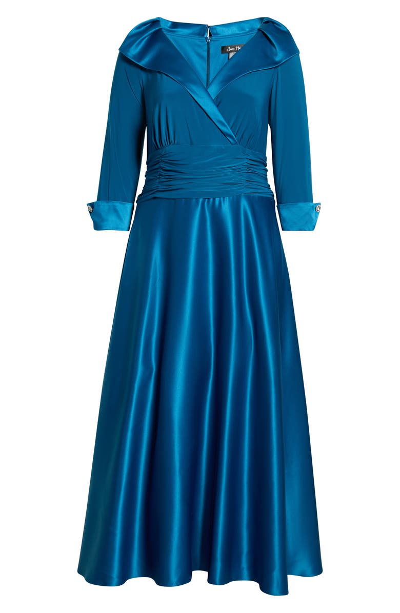 Jessica Howard Rhinestone Button Cuff Sleeve Mixed Media Gown, Alternate, color, Peacock