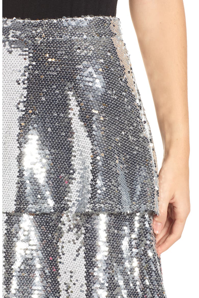 Tiered Sequin Midi Skirt, Alternate, color, SILVER