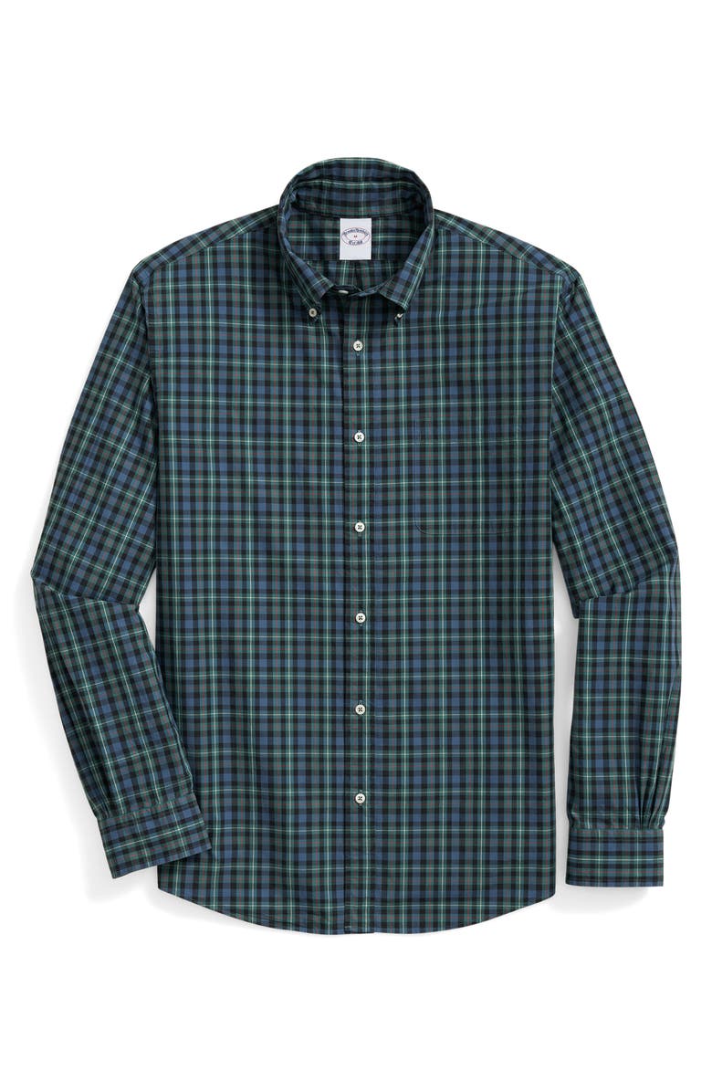 Brooks Brothers Friday Check Cotton Poplin Button-Down Shirt, Main, color, Bistro Green Tartan
