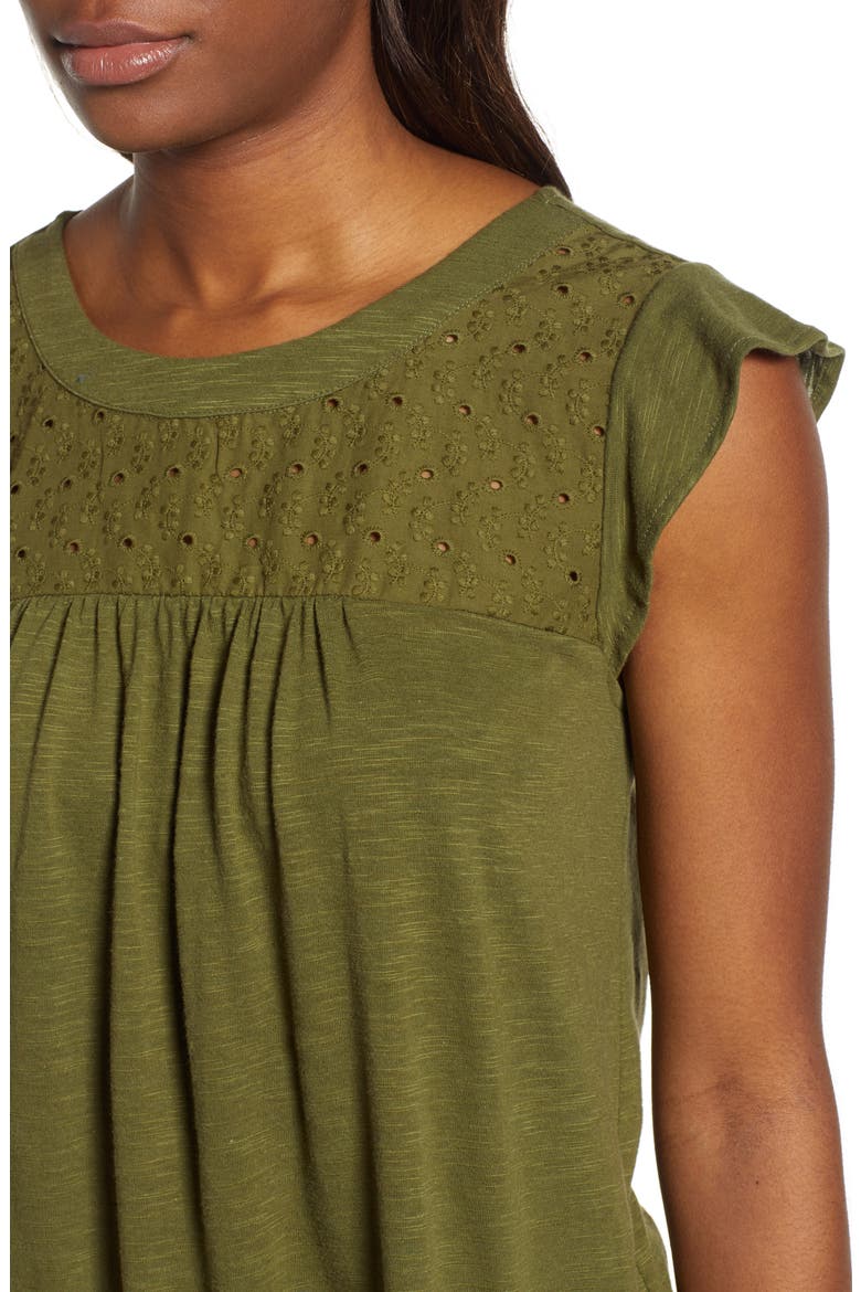 Eyelet Detail Baby Doll Top, Alternate, color, OLIVE MOSS