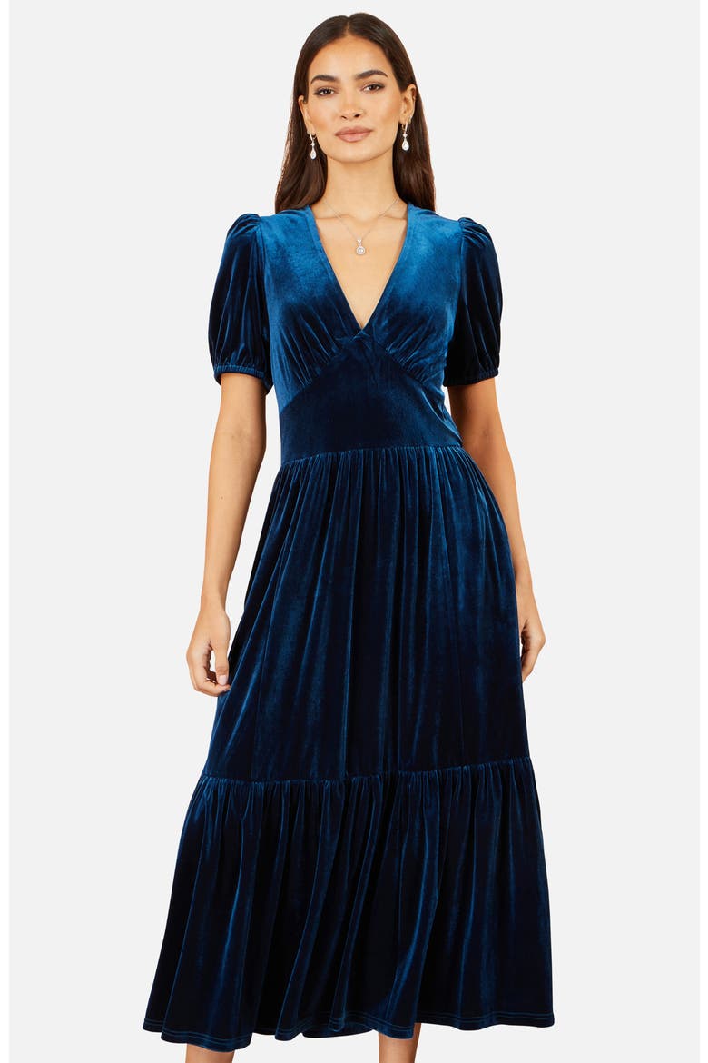 Puff Sleeve V-Neck Velvet Midi Dress, Alternate, color, Teal
