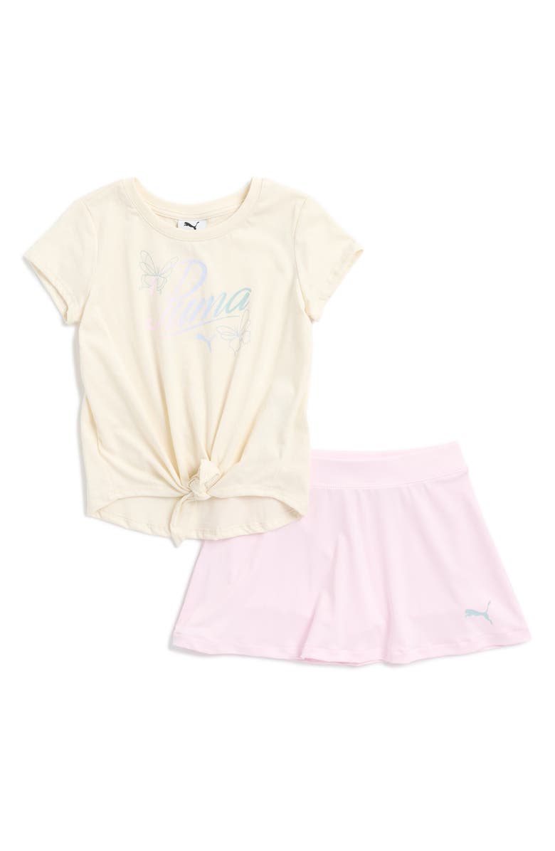 PUMA Tie Graphic T-Shirt & Skort Set, Main, color, Tan Combo