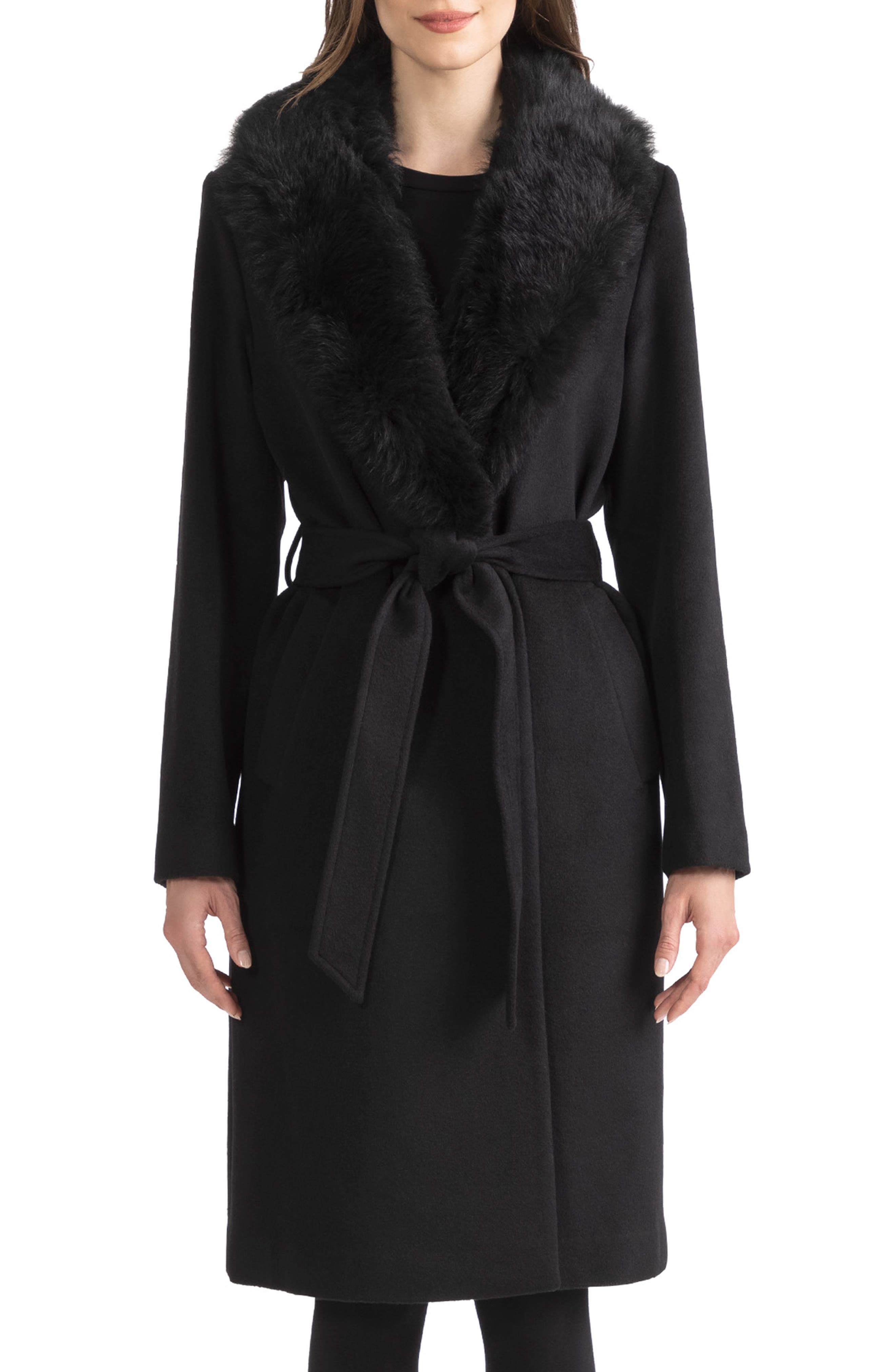 Sofia Cashmere Belted Genuine Shearling Trim Coat