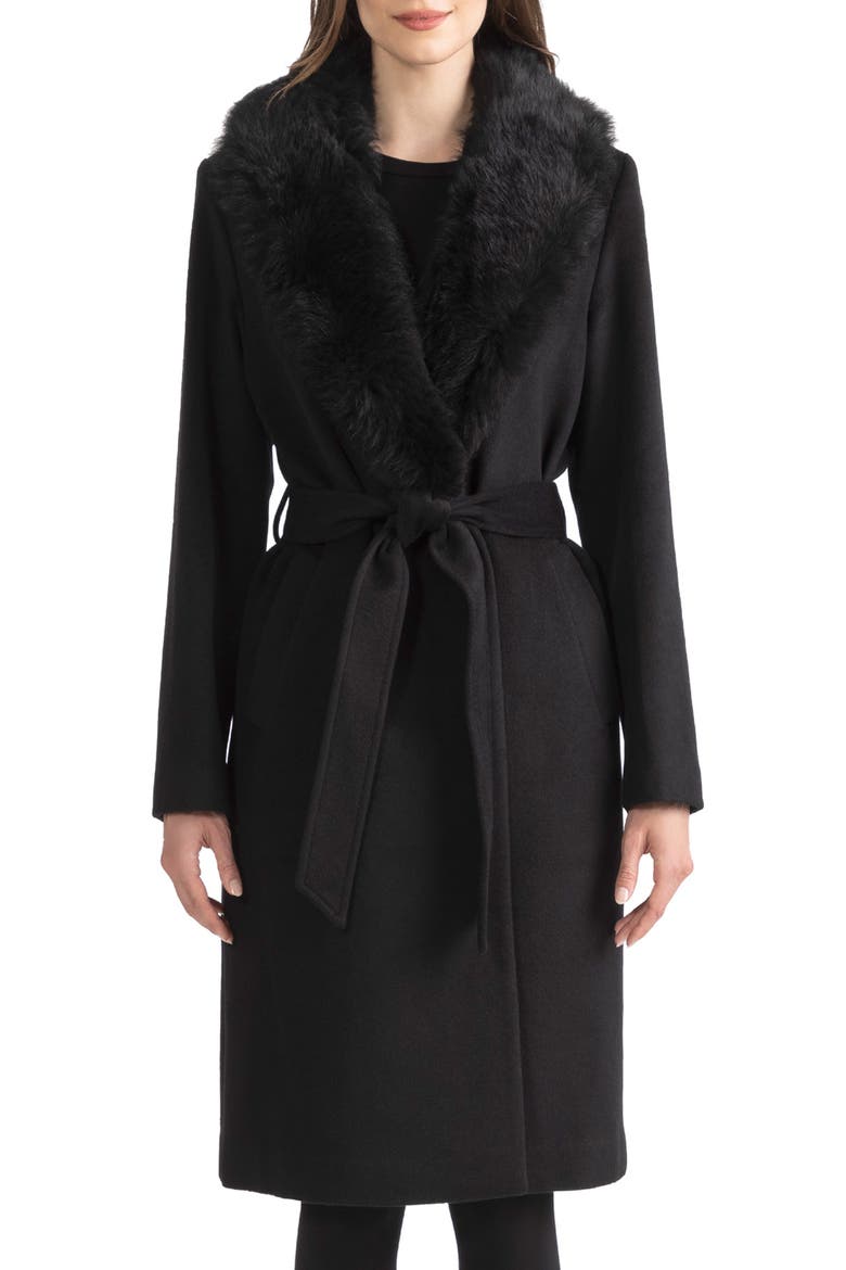 Belted Genuine Shearling Trim Coat, Main, color, BLACK