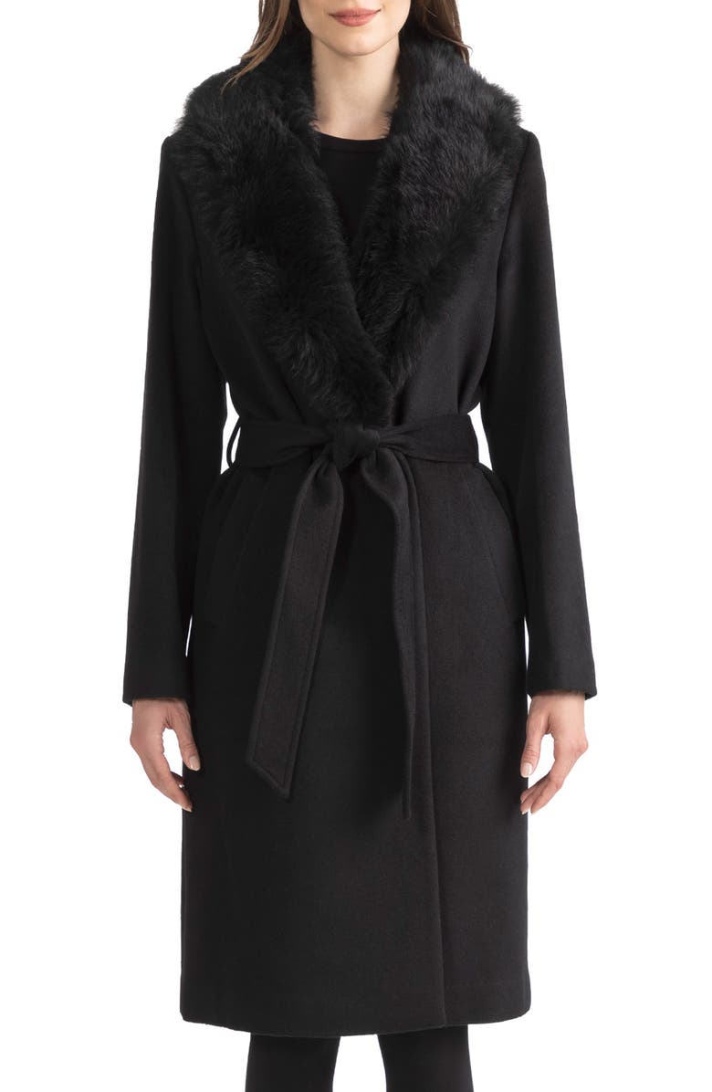Sofia Cashmere Belted Genuine Shearling Trim Coat, Main, color, Black
