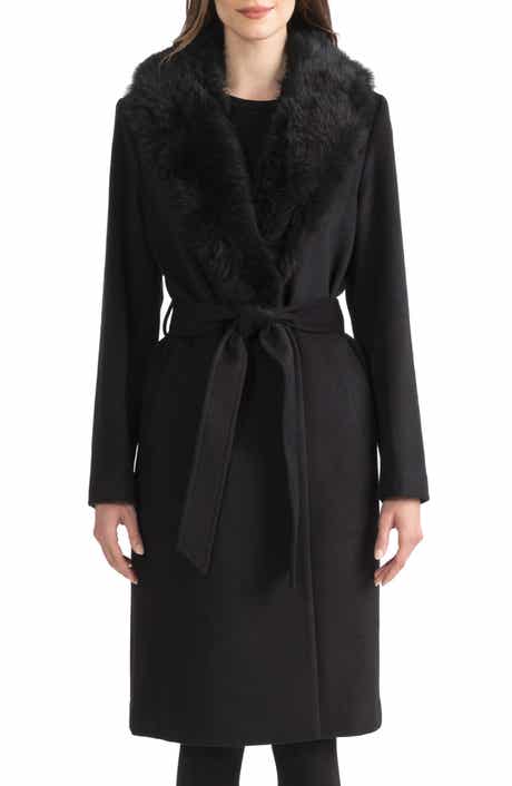 Sofia Cashmere Belted Genuine Shearling Trim Coat