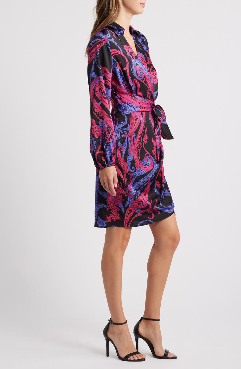 Tahari ASL Paisley Side Drape Long Sleeve Satin Dress, Alternate, color,