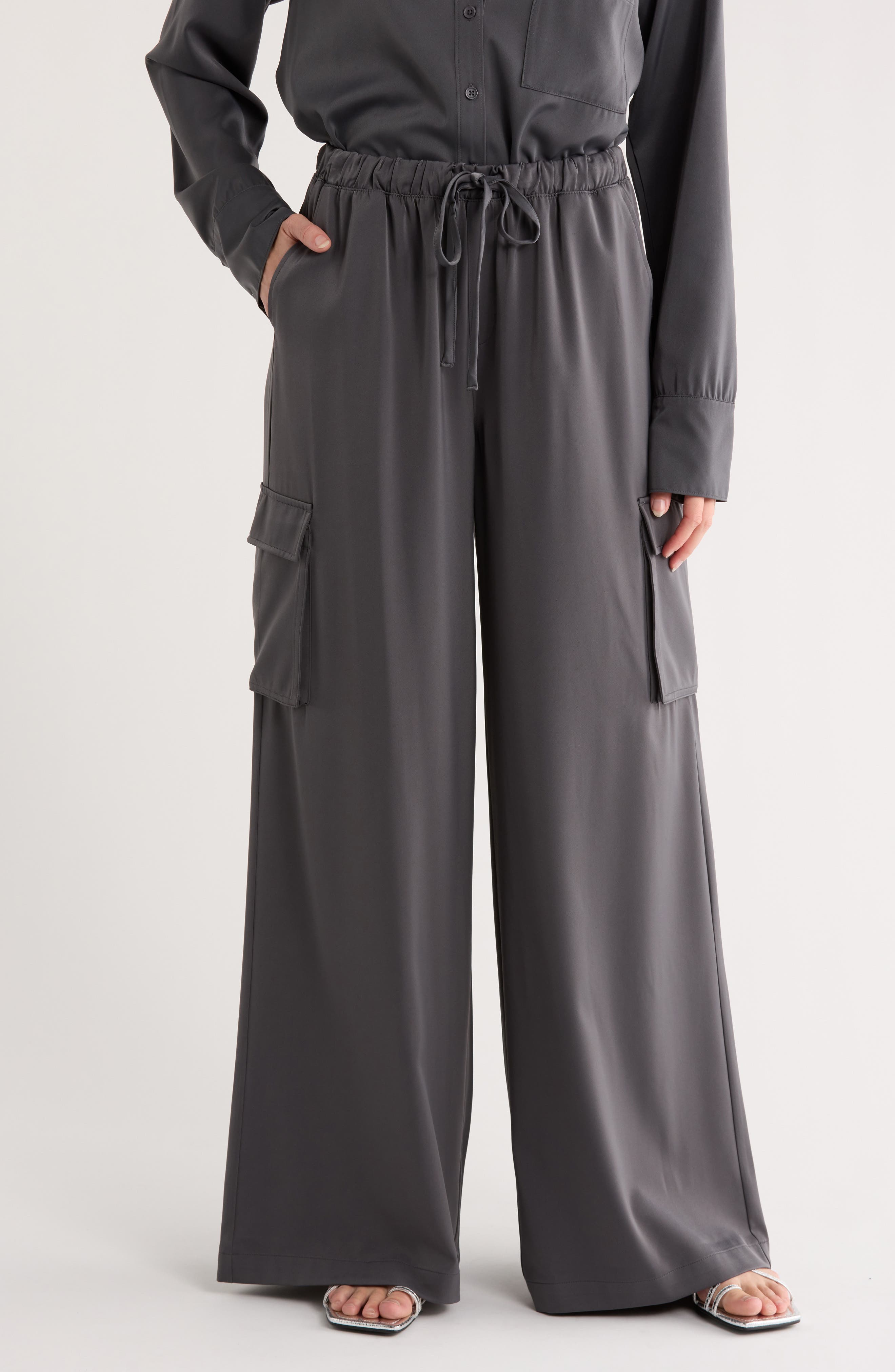 Splendid Satin Drawstring Wide Leg Cargo Pants