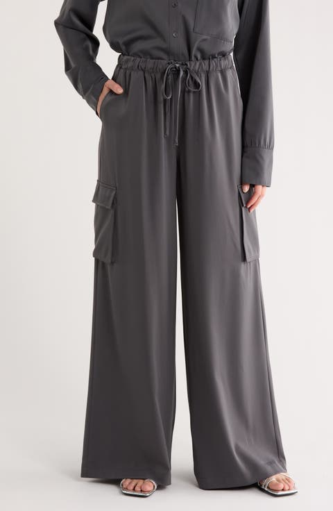 Satin Drawstring Wide Leg Cargo Pants
