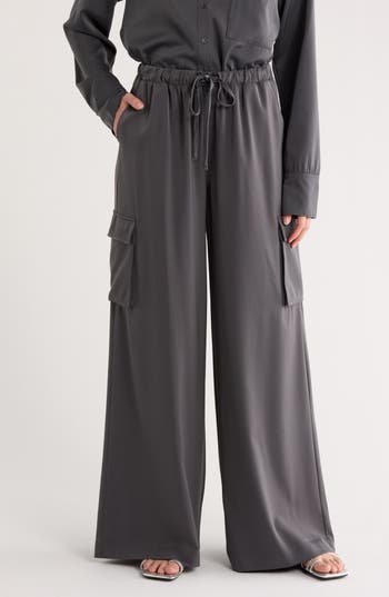 Splendid Satin Drawstring Wide Leg Cargo Pants In Gray