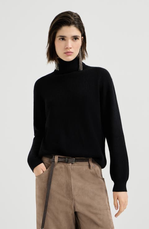 Cashmere English rib turtleneck sweater with monili