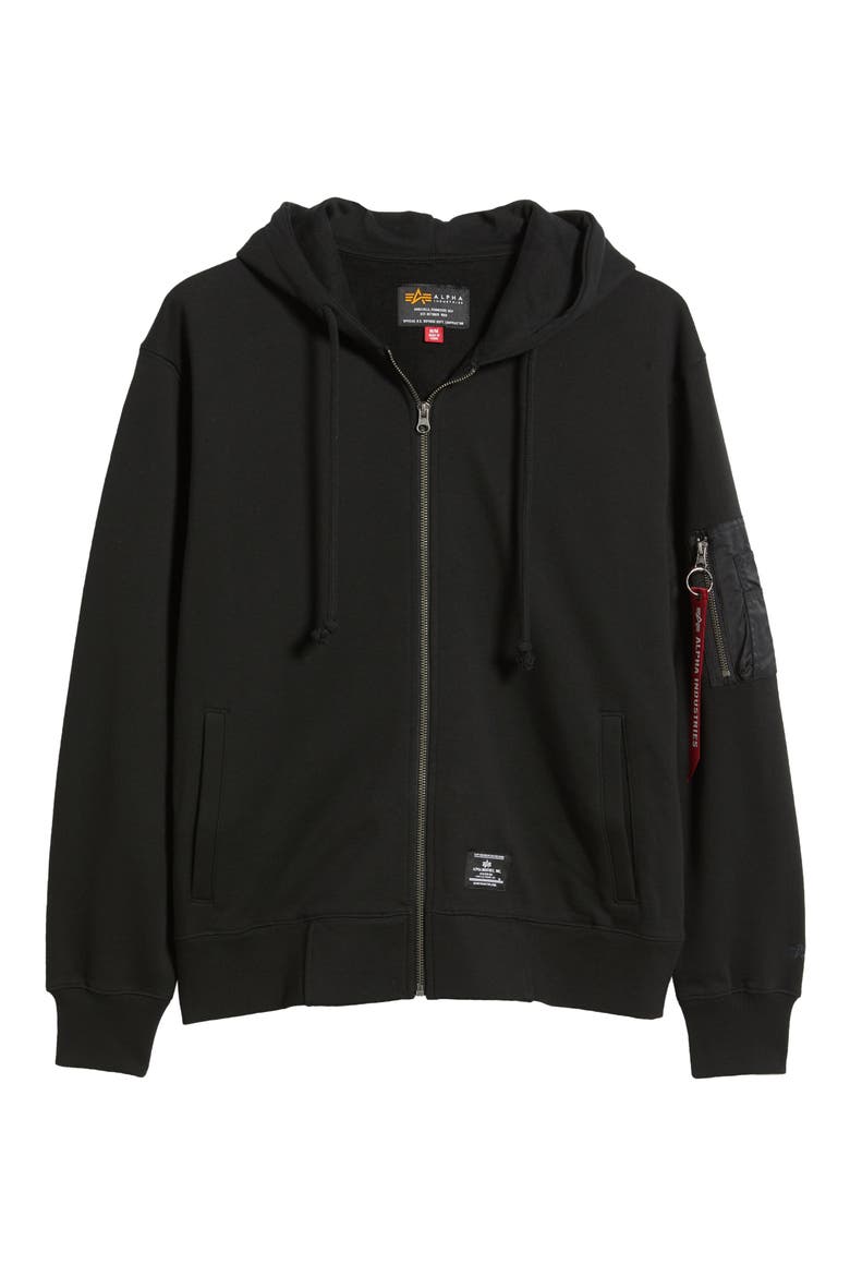 Utility Pocket Cotton Fleece Zip Hoodie, Alternate, color, BLACK