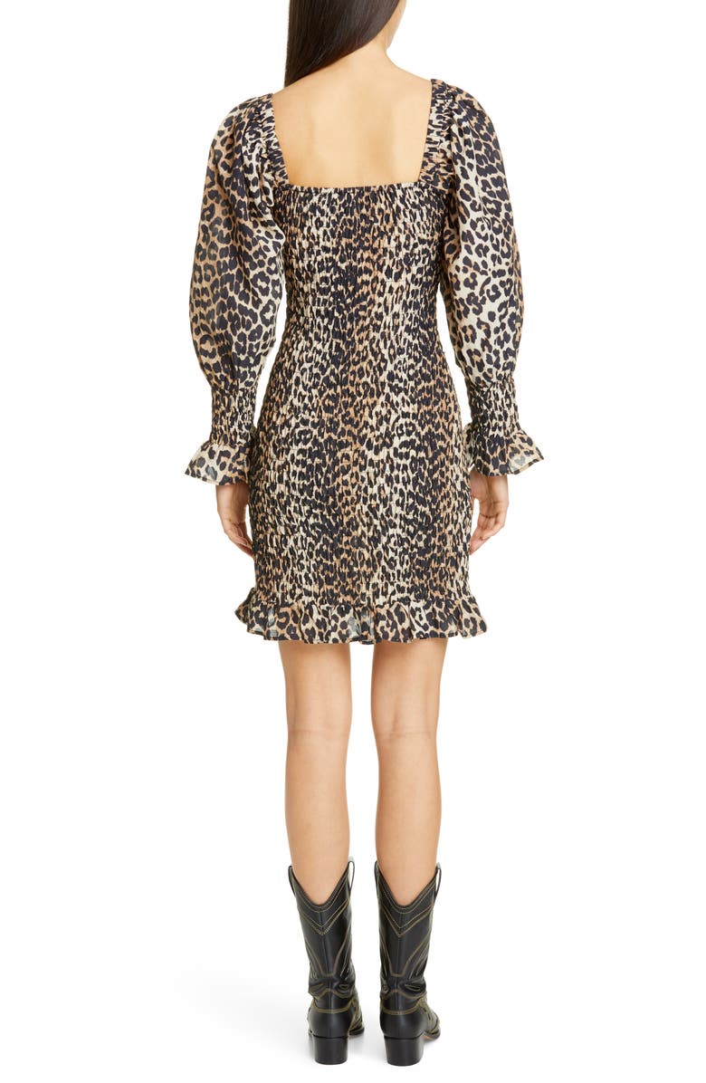 Ganni Leopard Print Long Sleeve Cotton & Silk Minidress, Alternate, color,