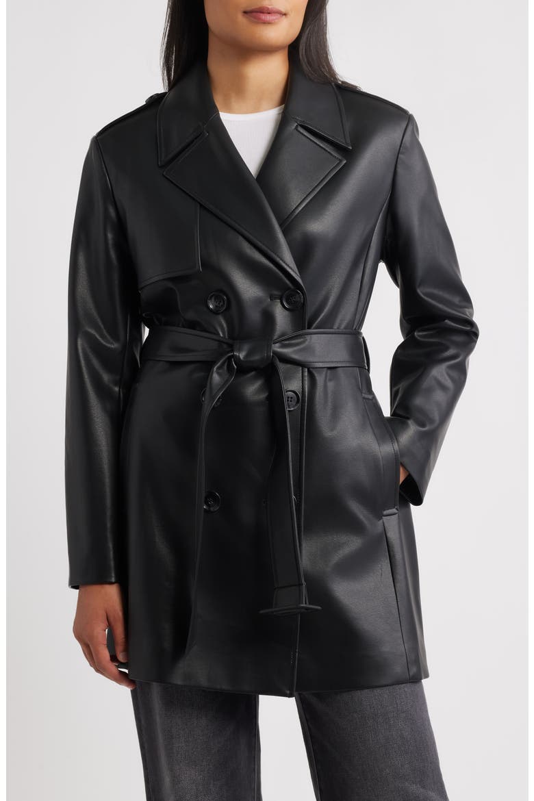 Faux Leather Trench Coat, Main, color, BLACK