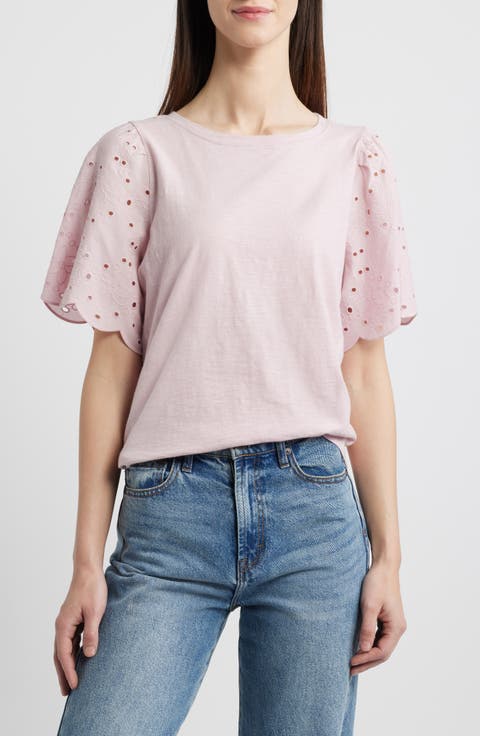 Percy Eyelet Sleeve Mixed Media Top