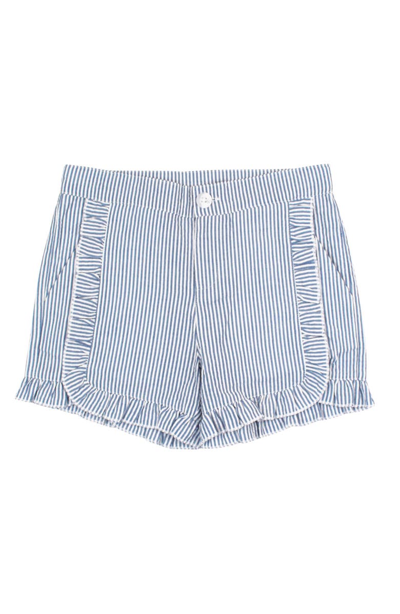 RuffleButts Girls Seersucker Ruffle Trim Woven Shorts, Main, color, Classic Blue Seersucker