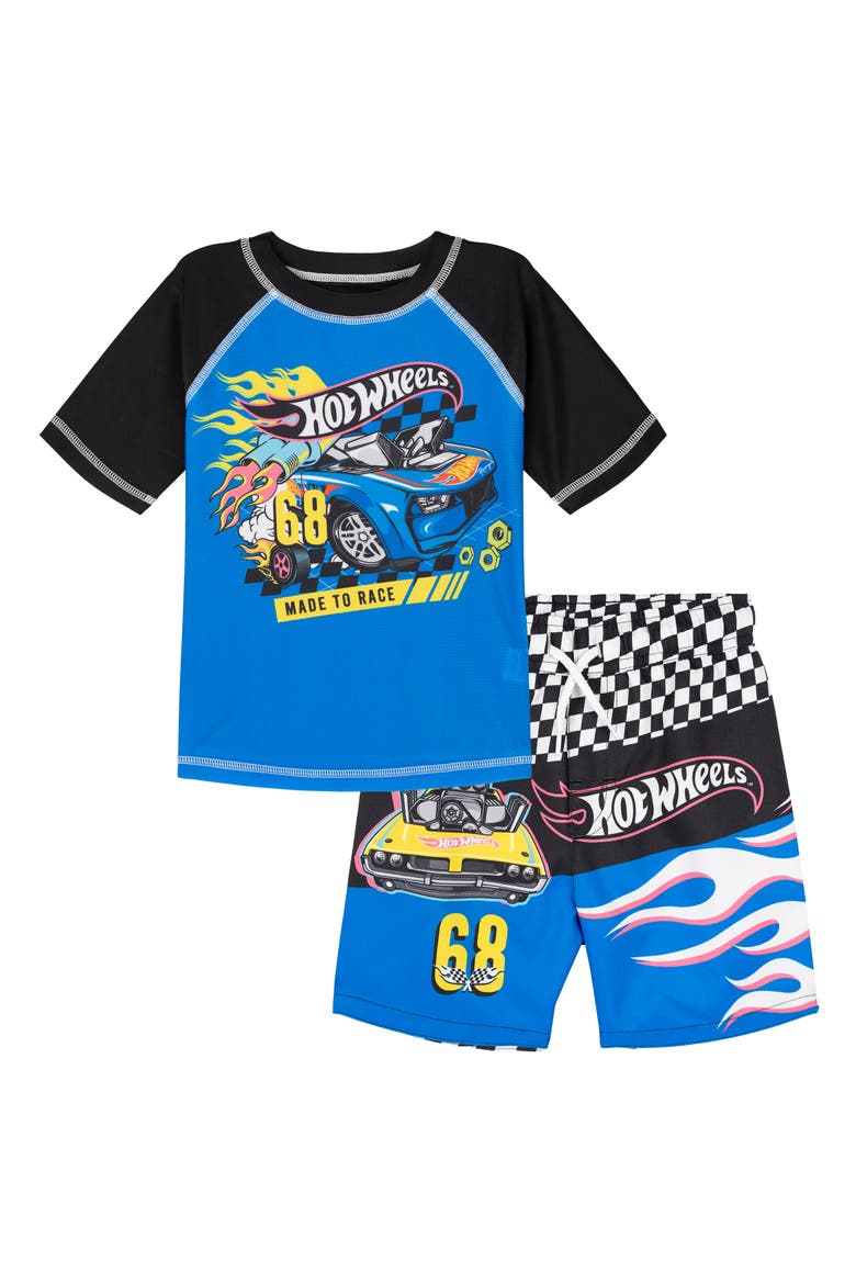 2-Piece Swimwear Rash Guard and Swim Trunks Set, Main, color, Blue Black Checker