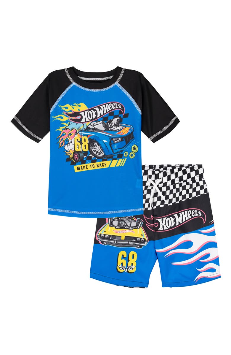 Hot Wheels 2-Piece Swimwear Rash Guard and Swim Trunks Set, Main, color, Blue Black Checker