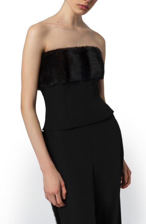 Ivy Stretch Crepe Corset Top with Faux Fur Trim