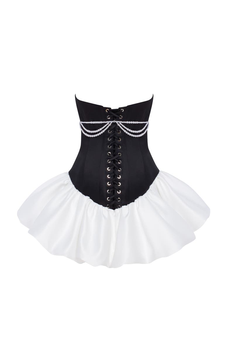 Strapless Corset Formal Mini Dress with Pearl Chain in Black & White, Alternate, color, Black
