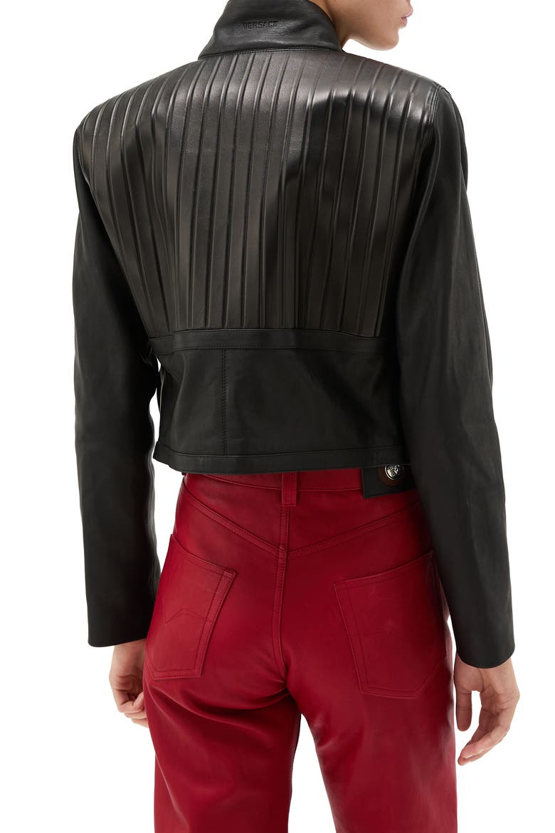 Crop Plonge Leather Jacket, Alternate, color, BLACK