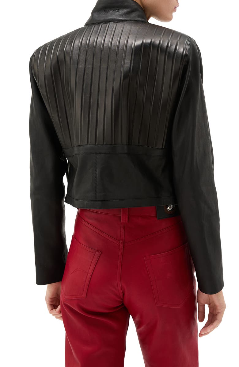 Versace Crop Plonge Leather Jacket, Alternate, color, Black