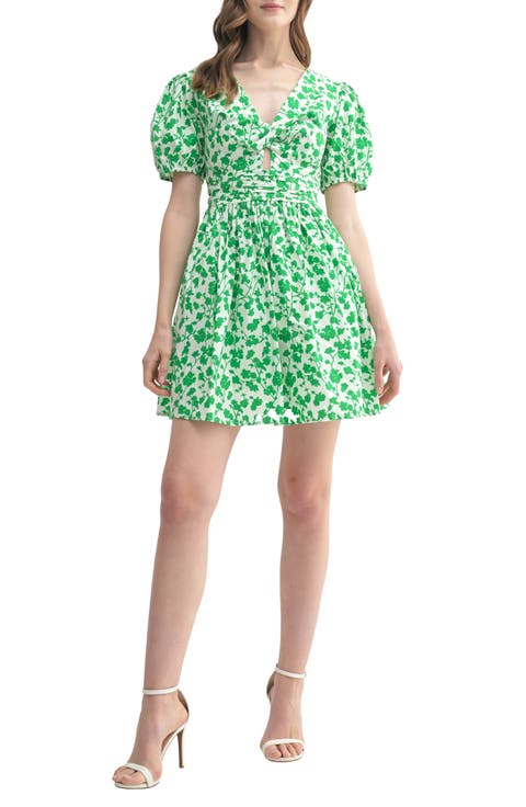 Twist Neck Puff Sleeve Cotton Minidress