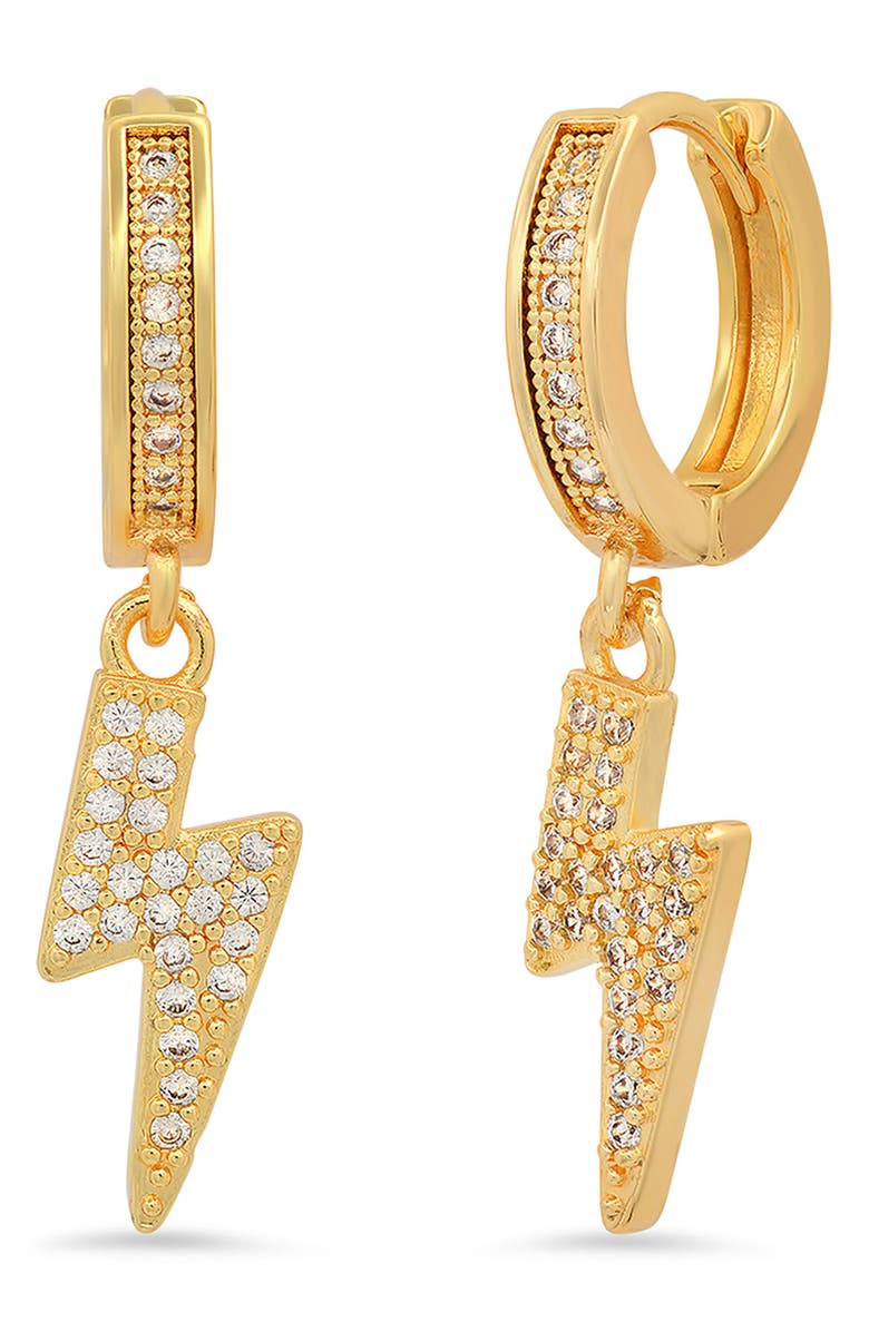 STEELTIME 18K Gold Plated Crystal Bolt Hoop Earrings, Main, color, Yellow