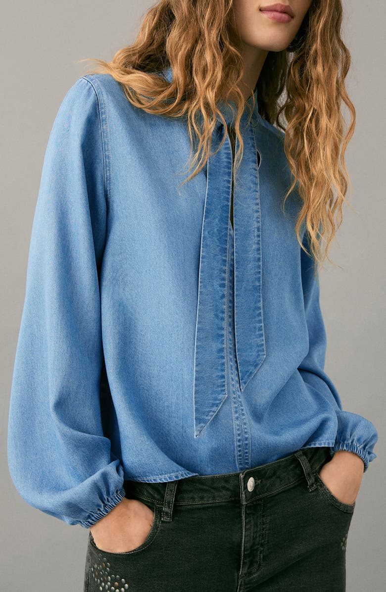 MANGO TEEN Tie Neck Popover Shirt, Alternate, color, Medium Blue