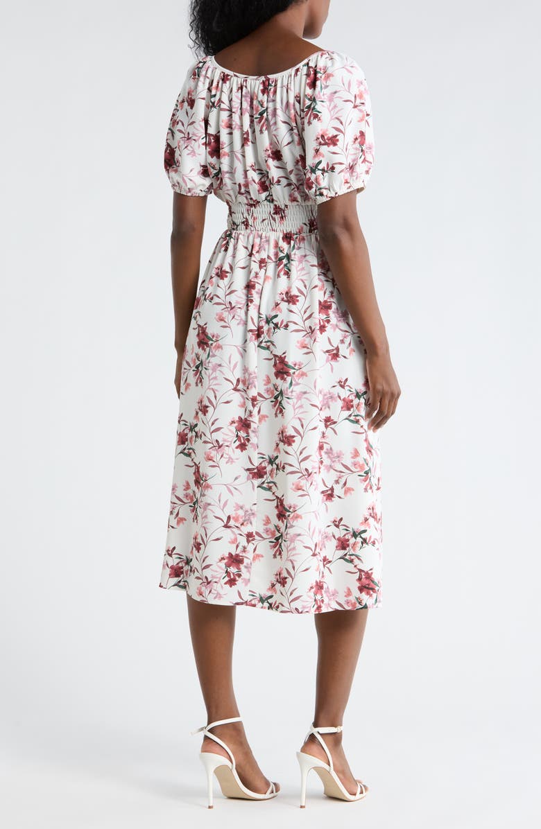 Connected Apparel Floral Raglan Sleeve Smocked Waist Midi Dress, Alternate, color, Rosewood
