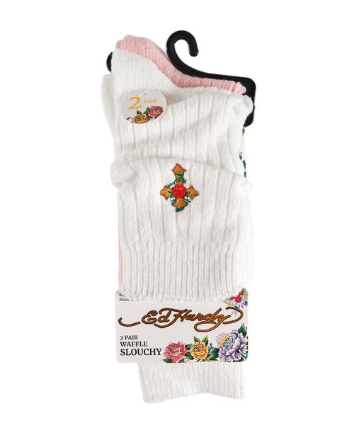 Ed Hardy Womens Ribbed Flat Slouchy Sock 2-pack In White
