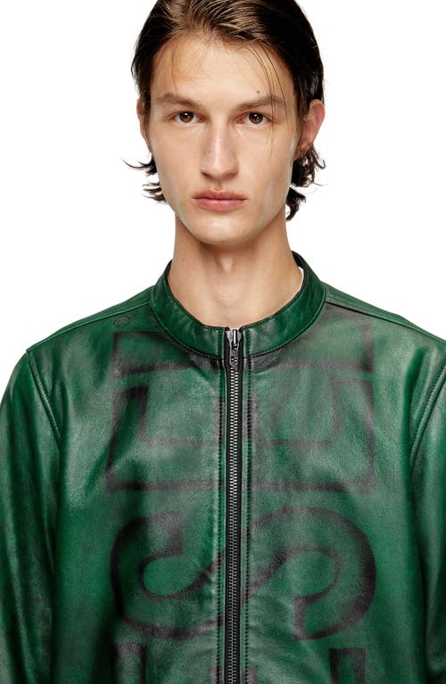 Diesel Treated Leather Biker Jacket With Faded Logo In Green