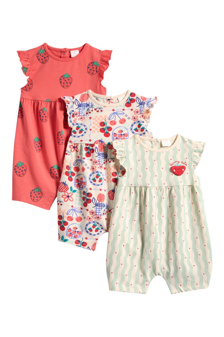 Pack of 3 Assorted Frill Rompers, Main, color, RED