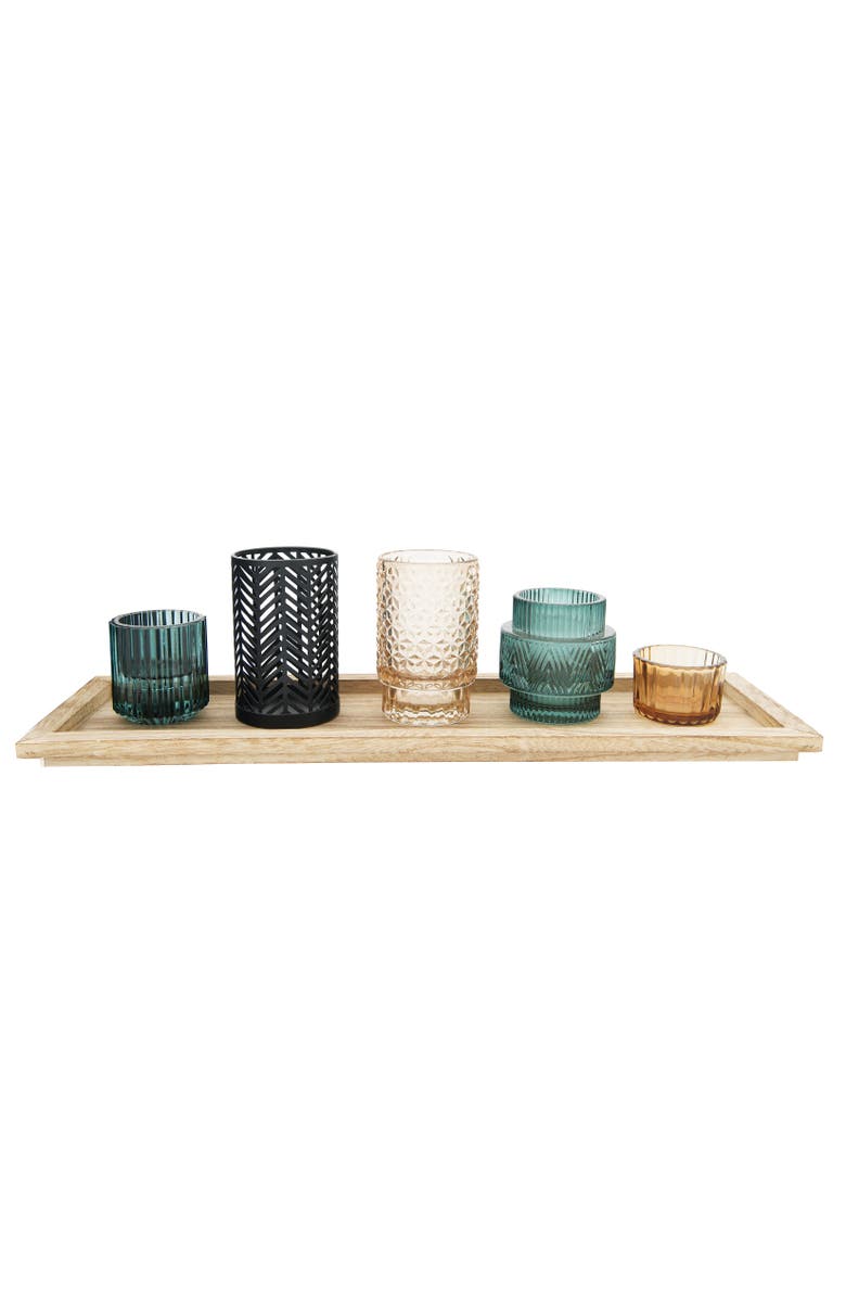 Storied Home 5-Piece Embossed Glass and Metal Tealight Candle Holders in a Wood Tray, Main, color, Green