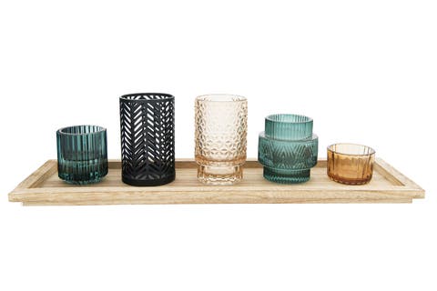 5-Piece Embossed Glass and Metal Tealight Candle Holders in a Wood Tray