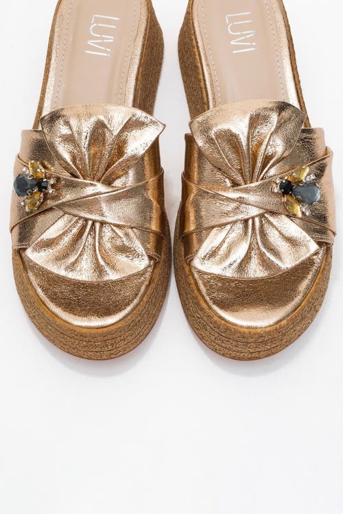 Prologue Shoes Shara Braided Bow & Bee Buckle Platform Sandal In Gold