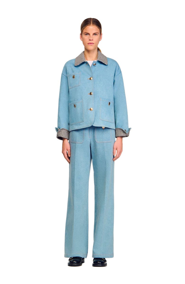 SANDRO Plaid collar denim jacket, Alternate, color, Blue Jean