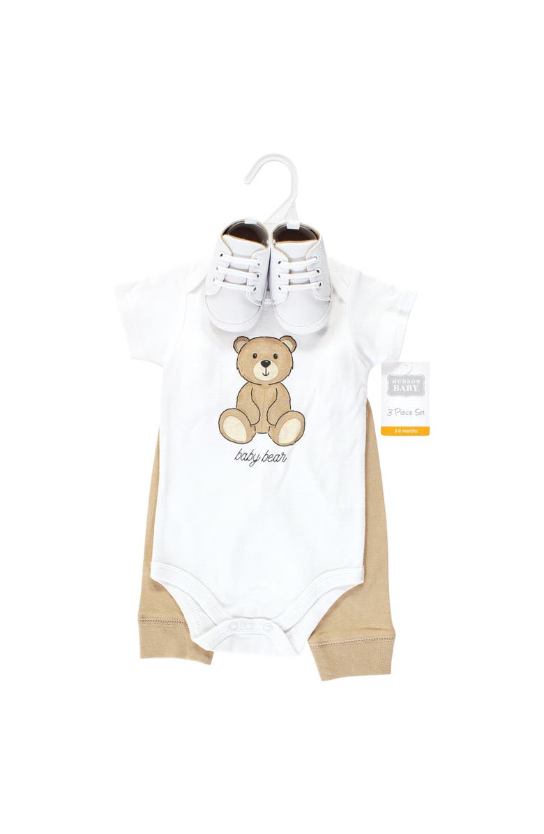 Hudson Baby Cotton Infant Essentials Bodysuit, Pants, and Shoes 3Pk, Alternate, color, Teddy Bears Short Sleeve