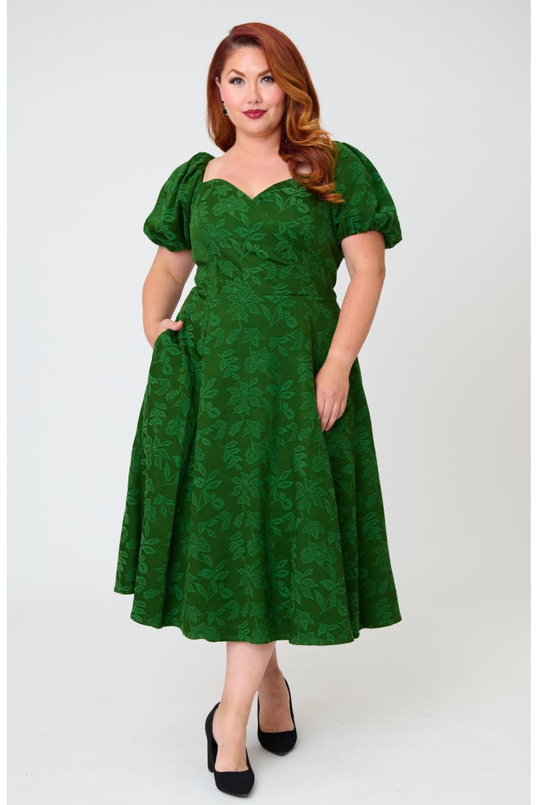 Plus Size Jacquard Sweetheart Swing Dress, Main, color, Green Floral Print