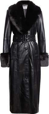 Stand Studio Estella Belted Faux Leather Coat with Faux Fur Trim
