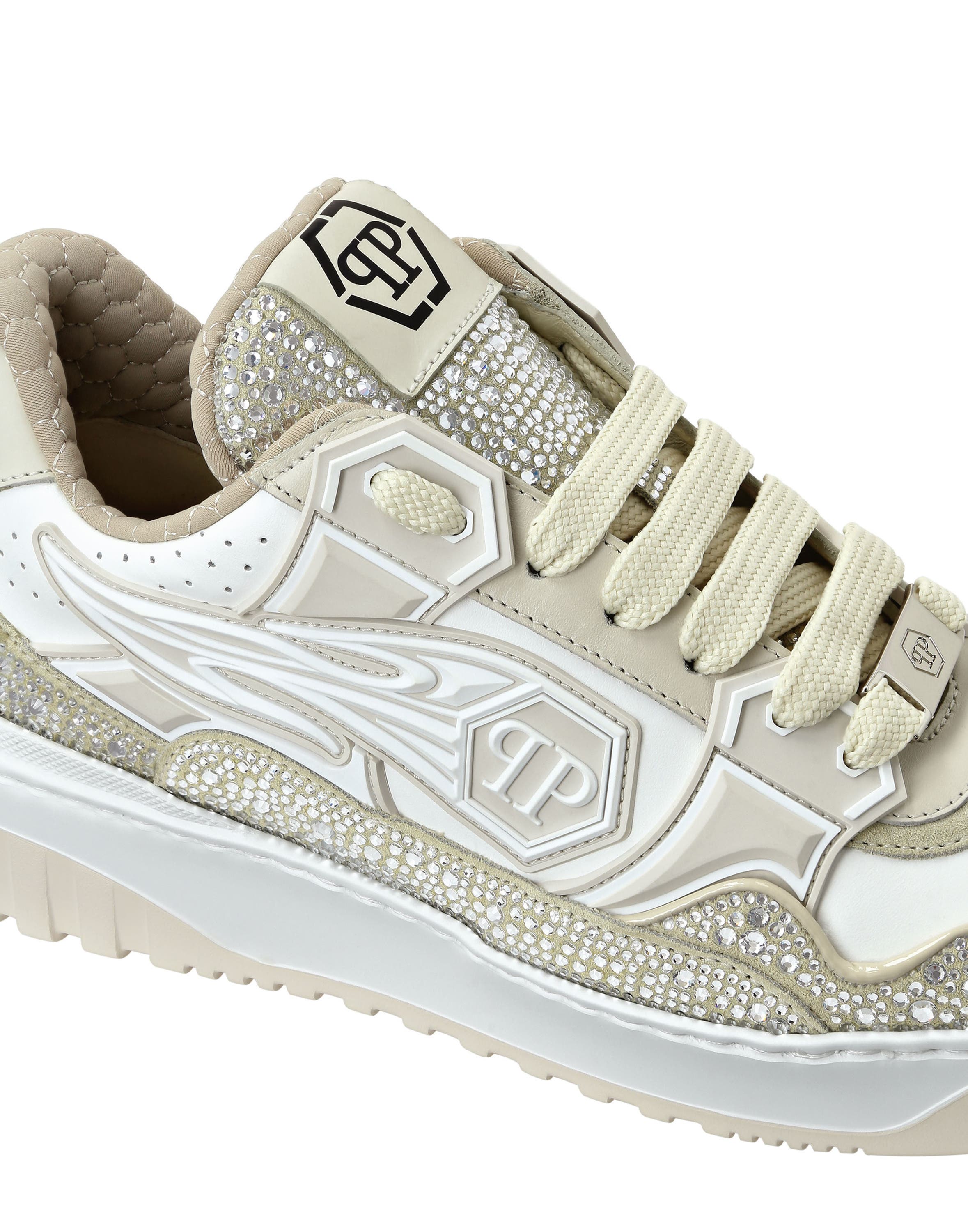Mix Leather Lo-Top Sneakers Strass Hexagon Rhinestone Women, Alternate, color, whitebeige