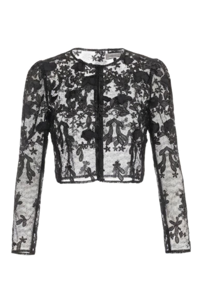 Andra Appliqué Puff Sleeve Sheer Jacket, Alternate, color, BLACK
