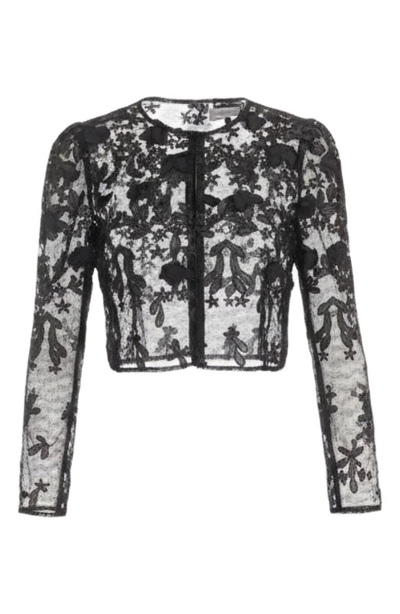 Dress the Population Andra Appliqué Puff Sleeve Sheer Jacket, Alternate, color, Black