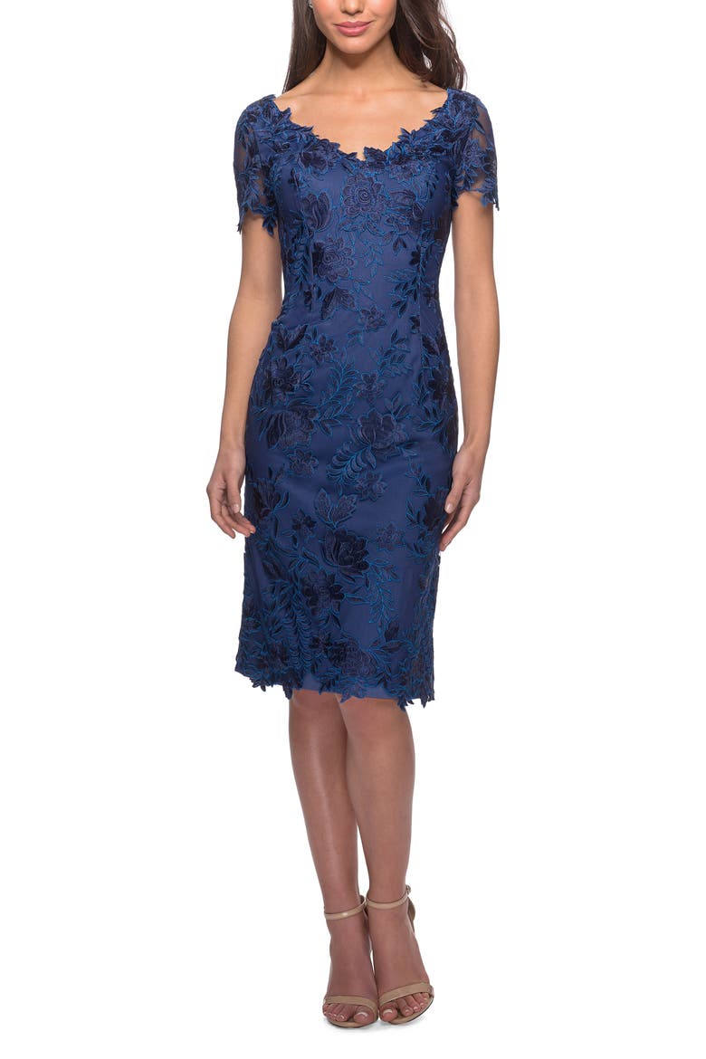 Short Sleeve Knee Length Lace Dress with V-Neck, Alternate, color, Navy