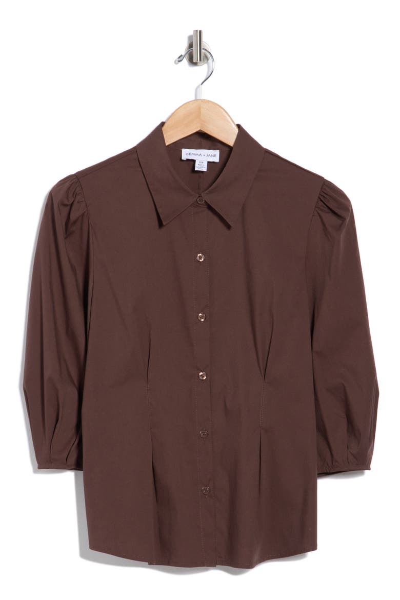 Three-Quarter Sleeve Pleated Waist Button-Up Shirt, Alternate, color, DARK CHOCOLATE