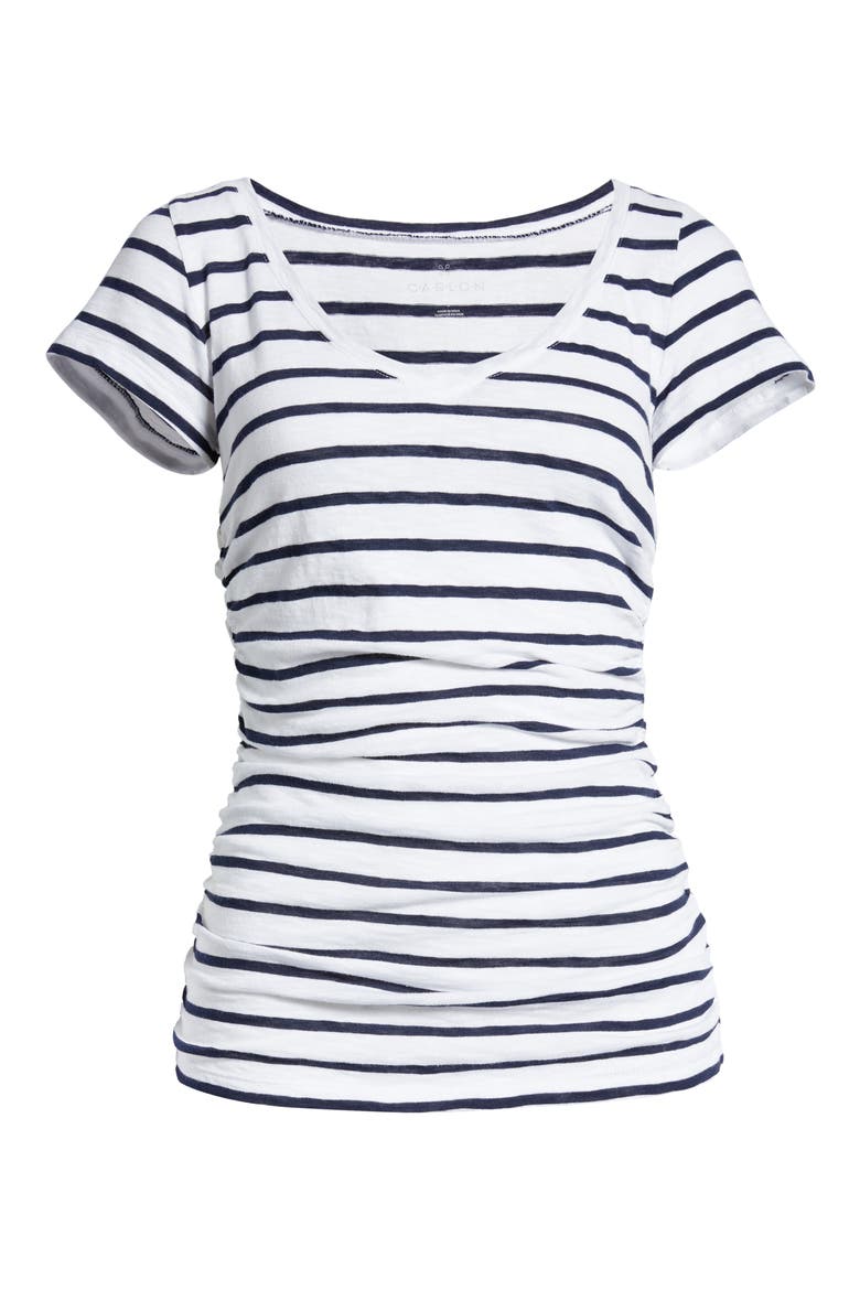 Shirred V-Neck Tee, Alternate, color, WHITE- NAVY STRIPE