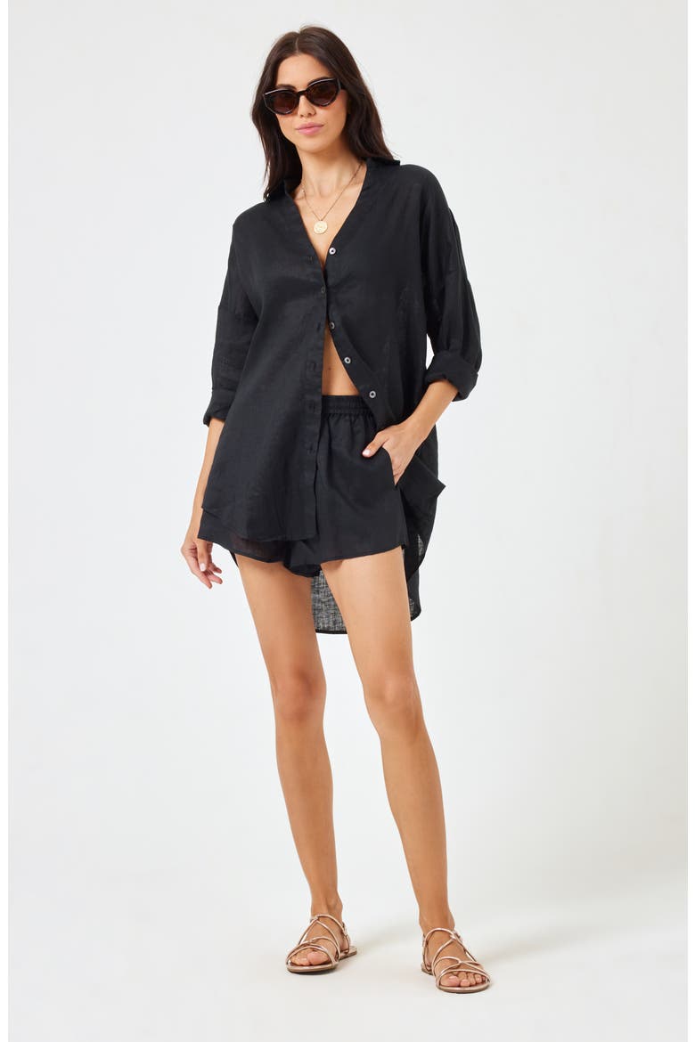 Rio Linen Cover-Up Drawstring Shorts, Alternate, color, BLACK
